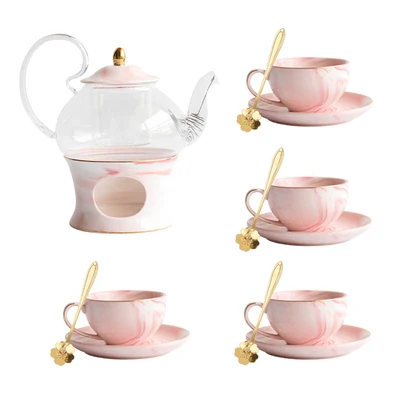 Креативный стиль мраморная керамика стеклянный цветочный чайник чайная чашка набор послеобеденный цветочный чай набор свеча нагревательная база - Цвет: 06 Tea Set