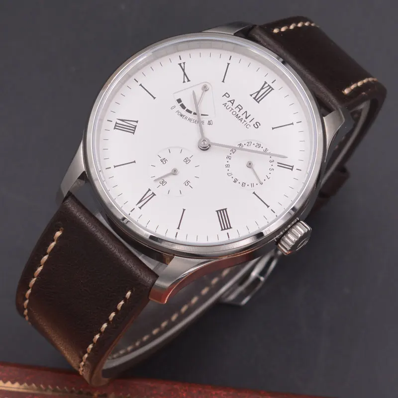 Parnis 42mm watch white dial calendar Seagull Movement parnis Automatic mechanical men watch Power Reserve watch PN-603 Parnis 42mm watch white dial calendar Seagull Movement parnis Automatic mechanical men watch Power Reserve watch PN-603