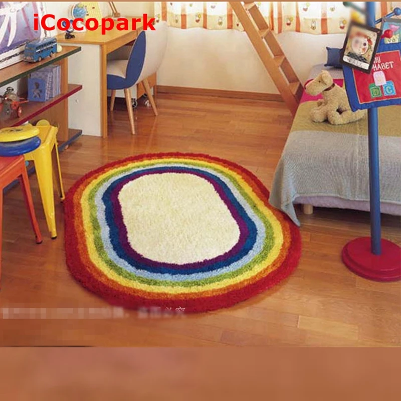 

Beautiful rainbow rug Oval Imitation wool carpet Colorful Carpet Non-Slip mats Living room rug mat Bedroom bathroom doormat