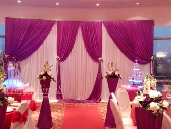 

wedding decoration pink backdrop with detachable purple swag on top and matched stainless steel set