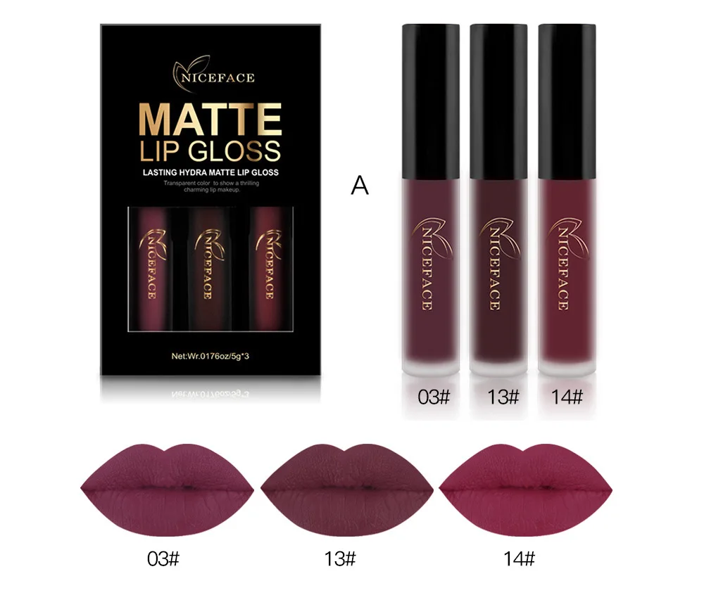 

3PCS Liquid Lipstick Set Long-Lasting Matte Lip Stick Make Up Waterproof Velvet Batom Nude Sexy Lip Gloss Cosmetics Kit L17011