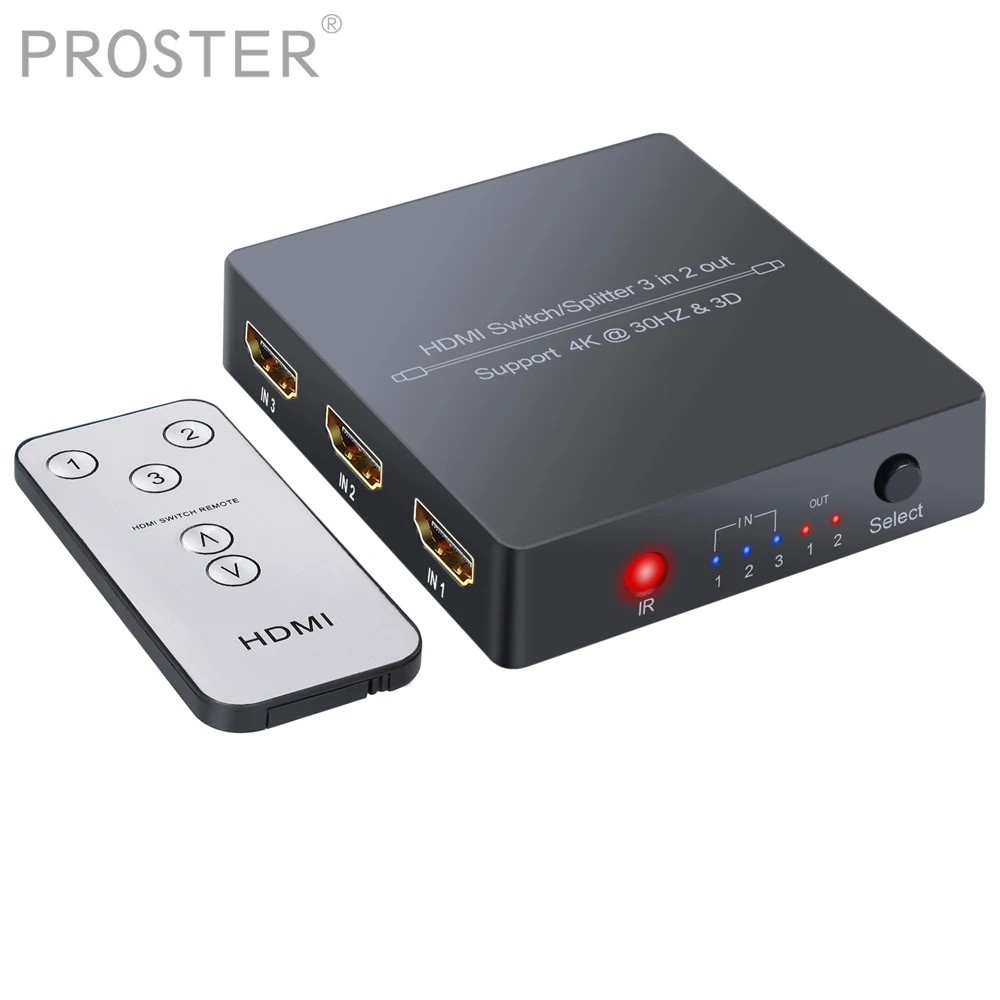

Proster HDMI Switch 3 in 2 out HDMI Automatical Switcher Hub HDMI Splitter with IR Remote Support 4k 3D HDMI 1.4 Switcher