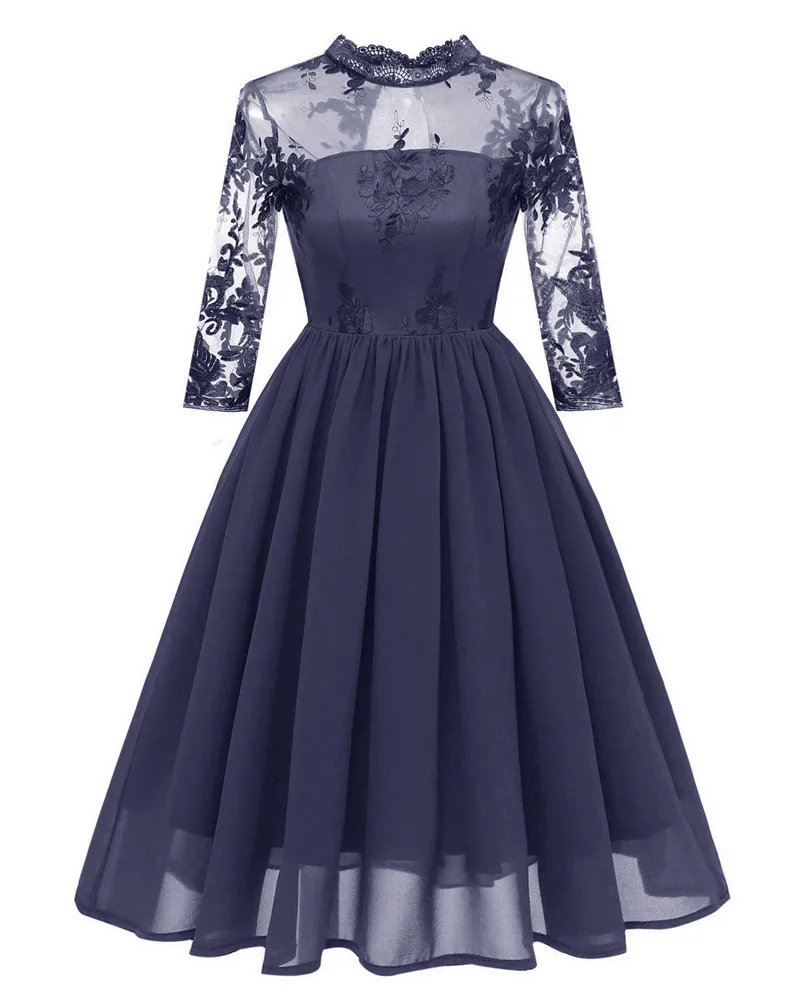 LSYCDS, Осеннее женское платье, шифоновое, 3/4 рукав, сетка, сексуальное, открытое, платье, большие качели, Ретро стиль, повседневные, вечерние, 50s 60 s, винтажное платье - Цвет: dark blue