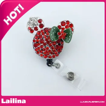 

Red Rhinestone Dark Green Bow Minnie Mouse Head Retractable Black Badge Reel/ID Badge Holder/Pendant/Id Badge Holder