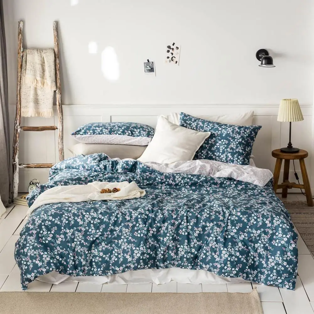 2019 Korean Floral Dark Blue Bed Cover Duvet Cover Set Cotton