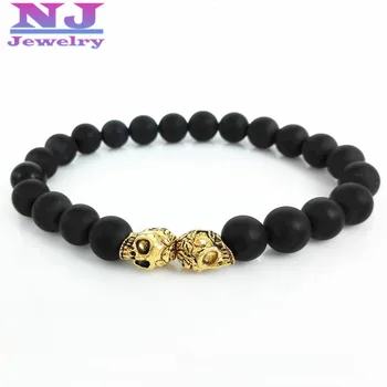 

Hot Sale Yoga Men Jewelry Wholesale 10pcs/lot 8mm Black Matte Stone Stone Bead with Double Antique Gold Skull Bracelets
