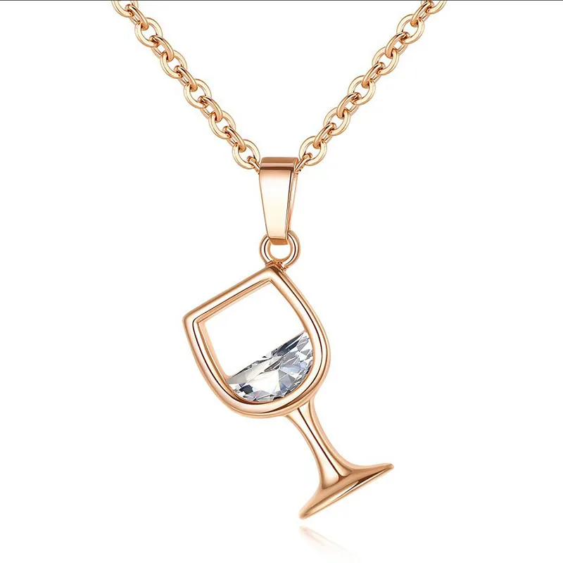 Rose Gold Chain Creative Wine Glass Pendant Necklace AAA Zircon Crystal