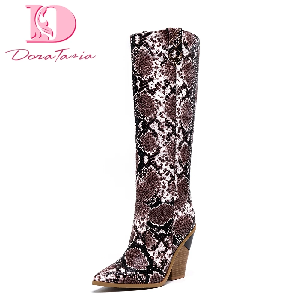 

Large Size 46 Fashion Top Quality Pointed Toe Knee High Boots Women Shoes Purple Snake High Heels Boots Female Shoes Woman