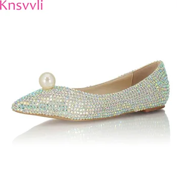 

Knsvvli Crystal Fashion Comfortable Wedding Shoes Woman Rhinestone Pearled Pointed Toe Shoes Ladies White Flat Heel Women Shoes