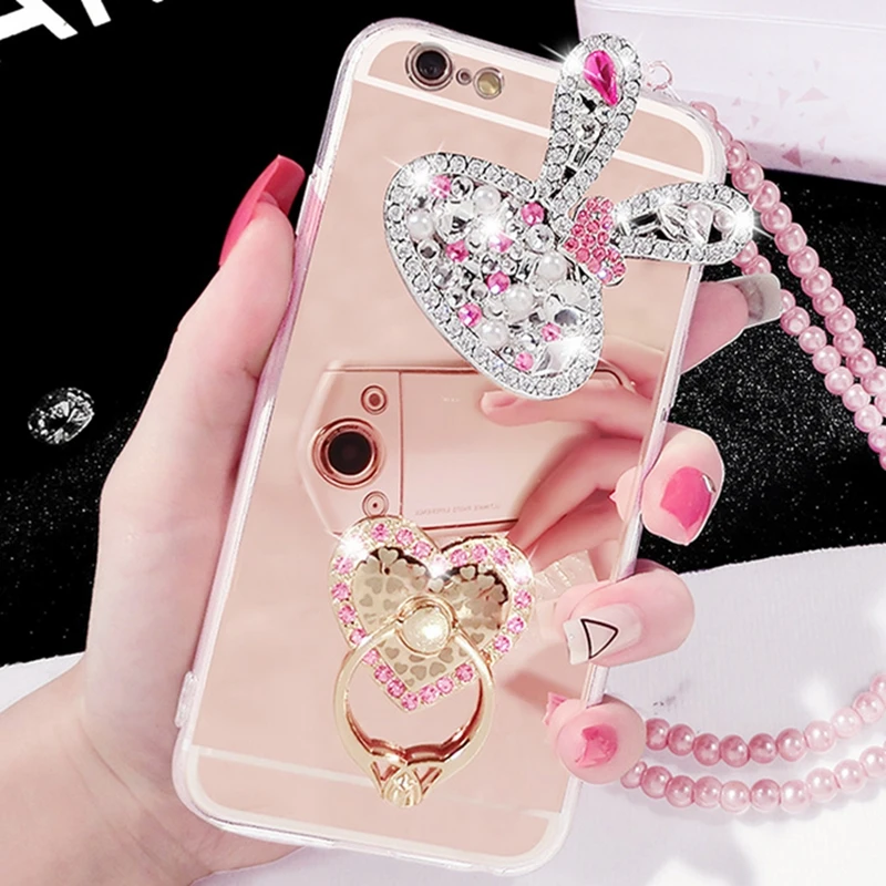 

Luxury Diamond Soft Rubber Crystal Rhinestone Glitter Mirror Case Flower Heart Finger Ring For iphoneX XS MAX XR 5S 6S 7 8 PLUS