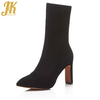 

JK Brand Show Stretch Fabric Short Boots Charming Autumn Spring Boots Sexy Pointed Toe Women's High Heel Shoes Female Footwear