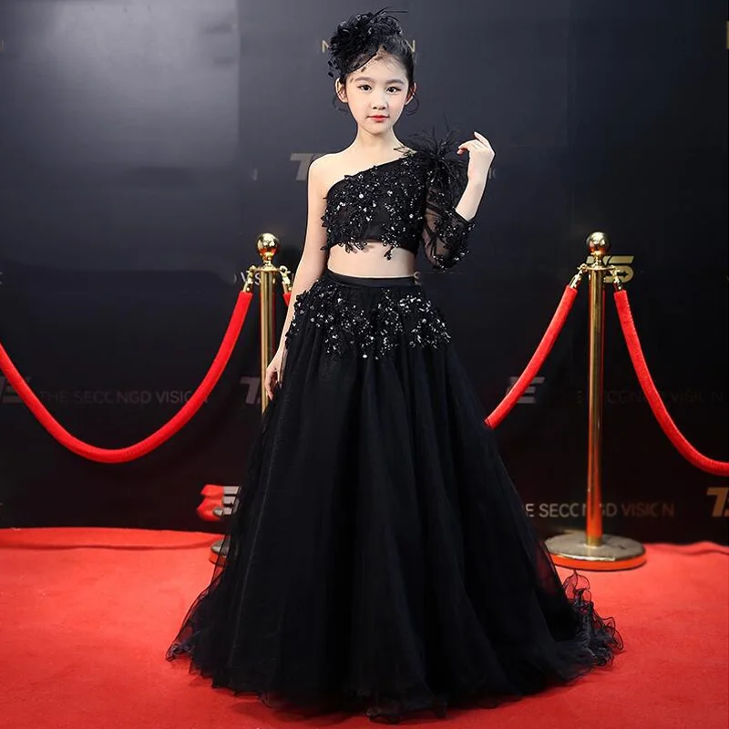 Asymmetrical Collar Girls Dresses Long Trailing Floral Beading Girl's Gown Dress Lace Up Catwalk Party Clothing JF587