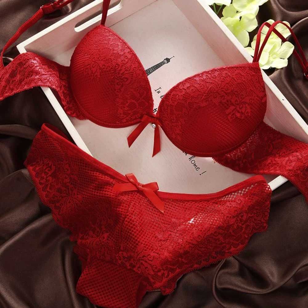 Rojo de moda de las mujeres V profunda Sexy ropa interior de encaje Lencería push up acogedor conjunto sujetador y Panty|panties fashion|push upset fashion AliExpress