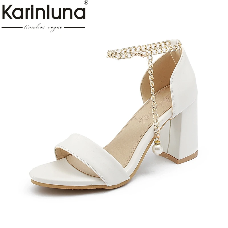 

Karinluna 2018 Large Size 32-46 Pearl Ankle Strap Summer Shoes Sandal Fashion high Heels office Lady chains Women Shoes Sandals