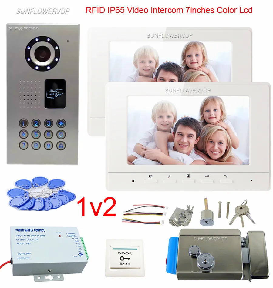 Клавиатура RFID IP65 водонепроницаемый видеодомофон для квартиры 2 единицы видеодомофоны дверной звонок видео телефона + электронный замок