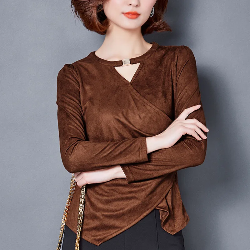 

Suede Blouse Shirt Long Sleeve 2016 Autumn Winter Basic Shirts Sexy Hollow Out Elegant Pleated Ladies Office Tops Clothing S2851