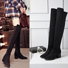 ZawsThia/черные сапоги до колена из эластичной ткани и лайкры женская обувь на высоком квадратном каблуке женские зимние туфли-лодочки размера плюс 42, 43