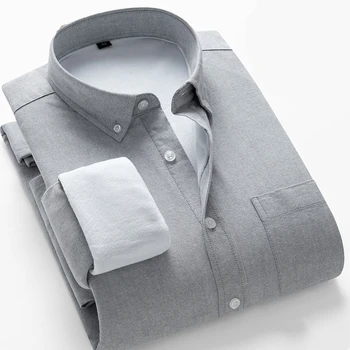 

Oxford 100% Cotton Long Sleeved Men Warm Shirt Mens Business Slim Shirt Winter Warm Plus Velvet Shirt Thick Solid Color Shirt