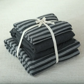 

4pcs 100% Cotton Jersey knitted men's Bedroom set Elegant black and grey striped duvet cover with solid color fitted sheet