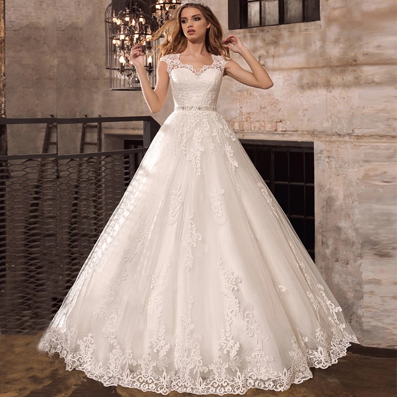 

Vintage Sweetheart Lace Wedding Dresses 2019 Cap Sleeves Beads Sashes Bridal Dress Vestido de novia Sweep Train Wedding Gowns