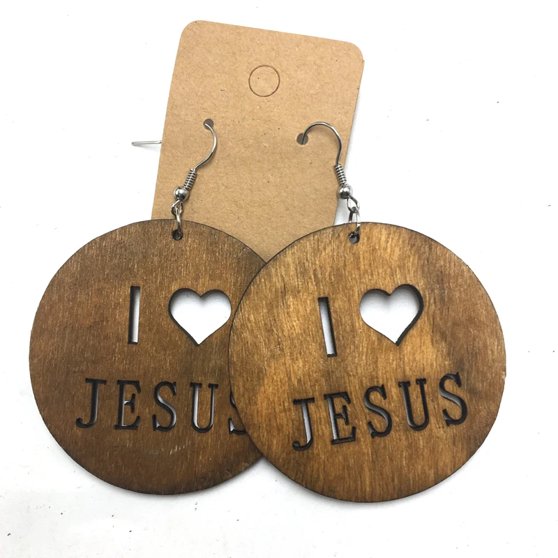 Бесплатная доставка! 6 пар/лот деревянные серьги с надписью I love Jesus можно смешать 3