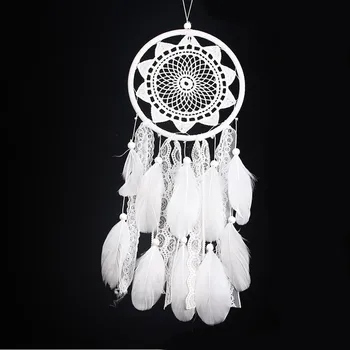 

Indian Dream Catcher White Wind Chimes Hanging Decorations with Lace Feathers for Home Wall Decorations Ornament Handmade