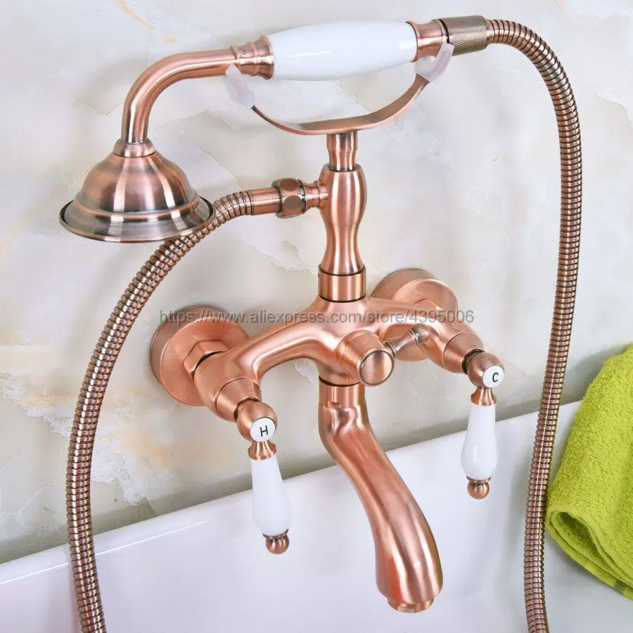 

Antique Red Copper Telephone Style Bathtub Faucet Wall Mounted Bath & Shower Mixer Taps Handheld Shower Set Bna311