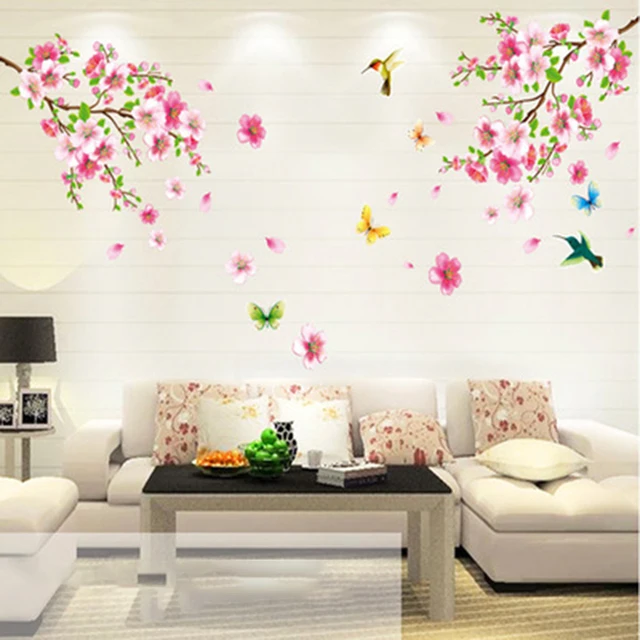 Elegant Large Flower Wall Stickers Graceful Peach Blossom birds Wall