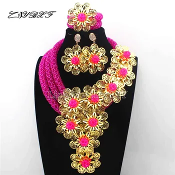 

New Splendid Fuschia Pink Crystal Statement Necklace Set Wedding African Beads Flower Jewelry Set for Women Free Shipping L1061