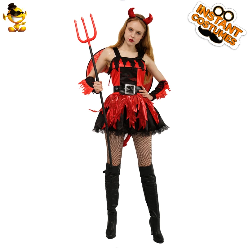 Хэллоуин женское платье дьявола костюм Ролевые игры красное платье дьявола Одежда для взрослых леди