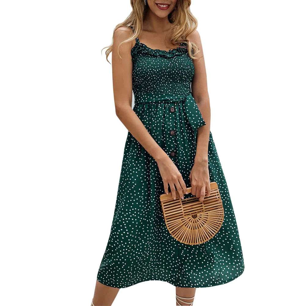 

2019 Women Summer Dot Print Sundress Spaghetti Strap Ruffle Sashes A-Line Party Dress Button Backless Boho Beach Dresses