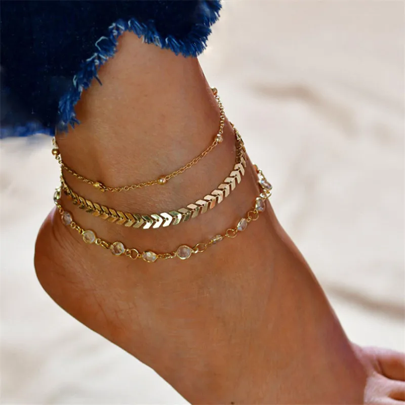 ZCHLGR 3Pcs/lot Crystal Sequins Anklet Set Beach Foot jewelry Vintage Ankle Bracelets For Women On Summer Jewelry Party | Украшения и