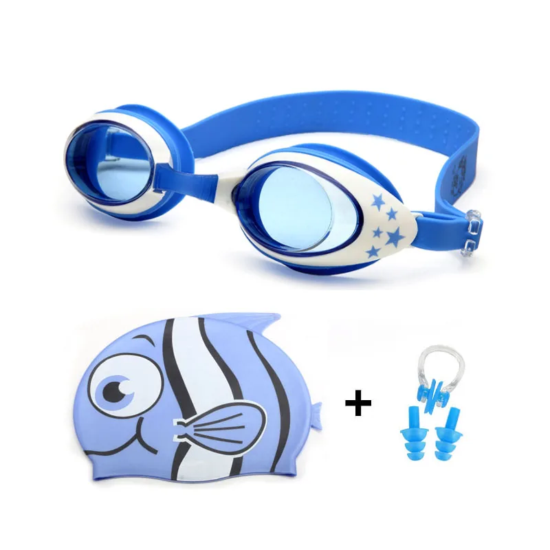 Шапки для плавания, противотуманные очки, ушные заглушки, зажим для носа, набор для мальчиков и девочек, профессиональные силиконовые очки для плавания в бассейне акулы, очки для плавания - Цвет: Blue Fish
