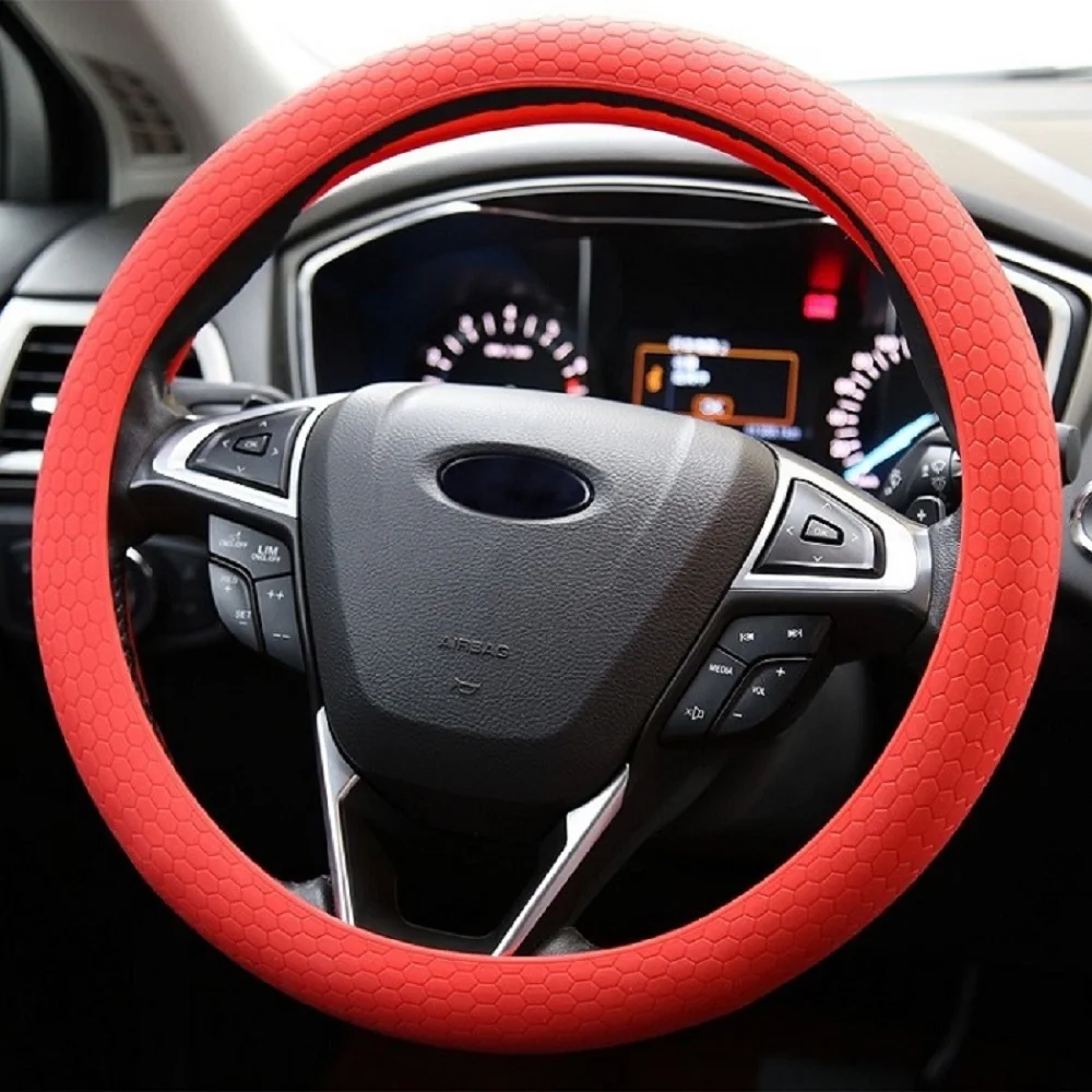

2019 New auto car accessories steering wheel cover black leather textured silicone gloves red purple brown green pink