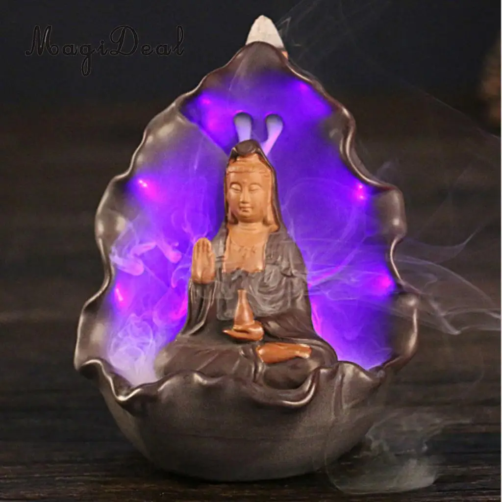 Porcelain Kwan yin Backflow Incense Burner Holder with Colorful LED