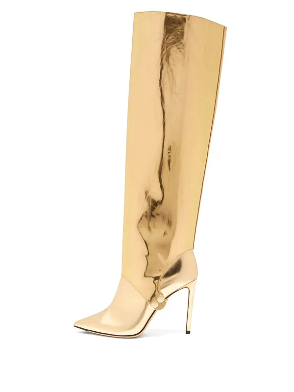Новинка года; обувь знаменитостей; женская модная обувь для подиума; Золотые Зеркальные кожаные сапоги до колена для ношения двумя способами; обувь на высоком каблуке; botas mujer - Цвет: Золотой