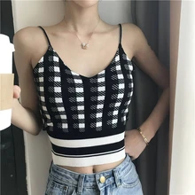 Летний вязаный женский клетчатый укороченный топ, женские топы с v-образным вырезом, сексуальный вязаный Топ без рукавов, базовые футболки