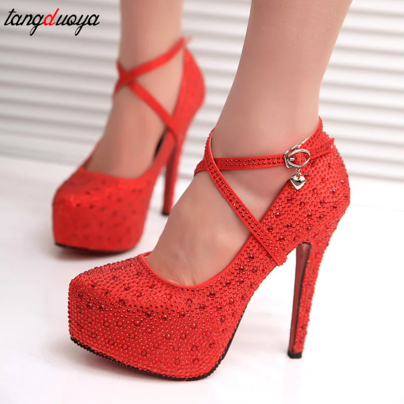 2019 High Heels Crystal Ankle Strap Platform High Heels Shoes Woman Pumps Sliver Red Ladies Wedding Shoes Bride Heels Shoes HE52