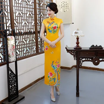 

NEW Women Qipao Yellow Classic Slim Mandarin Collar Cheongsam Elegant Phoenix Rayon Plus Size Chinese Dress Lady Vestidos M-3XL