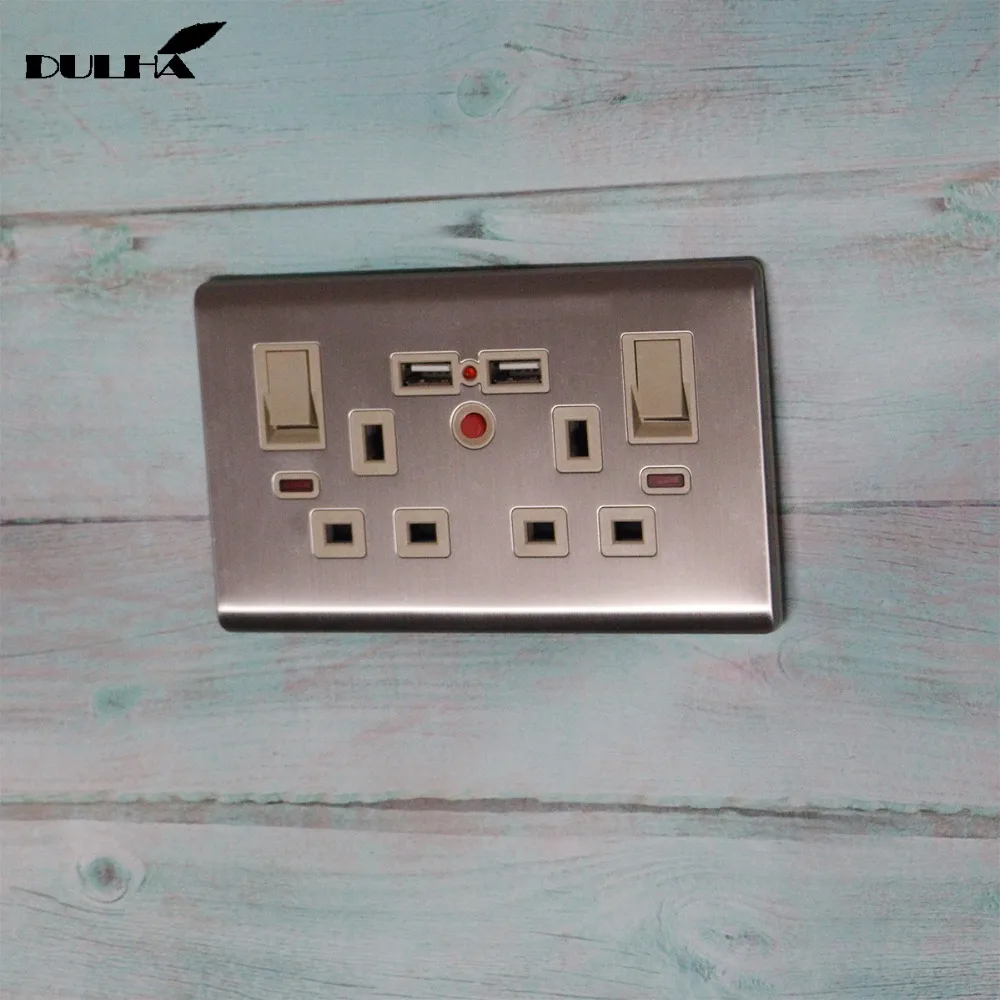 Великобритания 13A двойной USB Мощность розетки 2 Gang коммутируемых электрических
