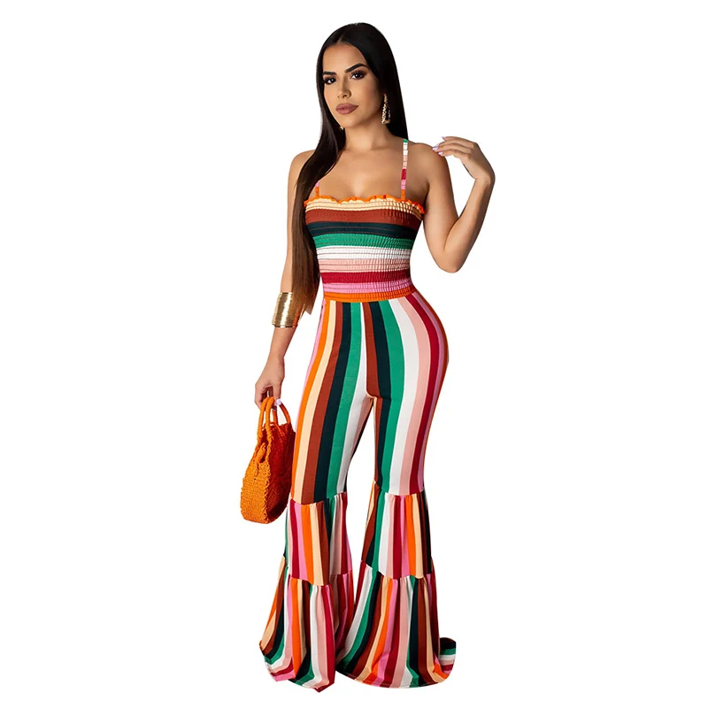 Echoine Spaghetti Straps Jumpsuit Colorful Striped Boot Cut Pants Playsuit Rompers Womens Jumpsuit Overalls Plus Size 2XL Echoine Spaghetti Straps Jumpsuit Colorful Striped Boot Cut Pants Playsuit Rompers Womens Jumpsuit Overalls Plus Size 2XL