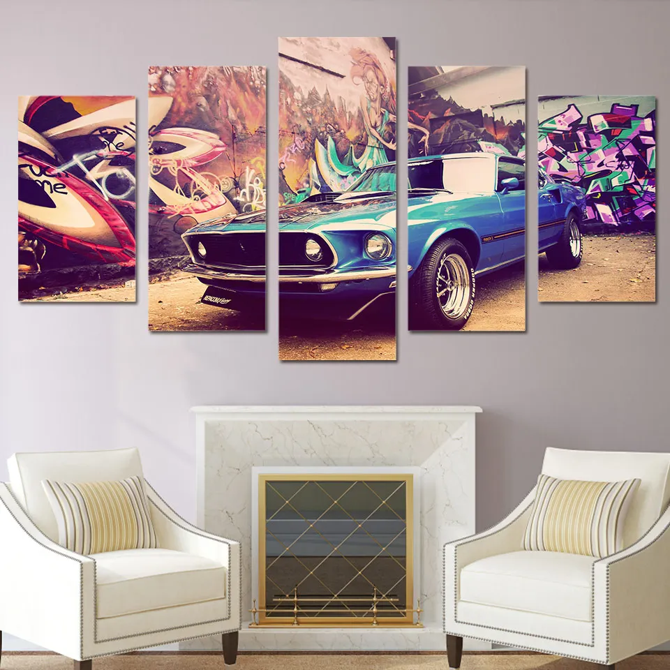 5 piece wall oil painting HD Printed art canvas muscle car Graffiti on wall printed for room