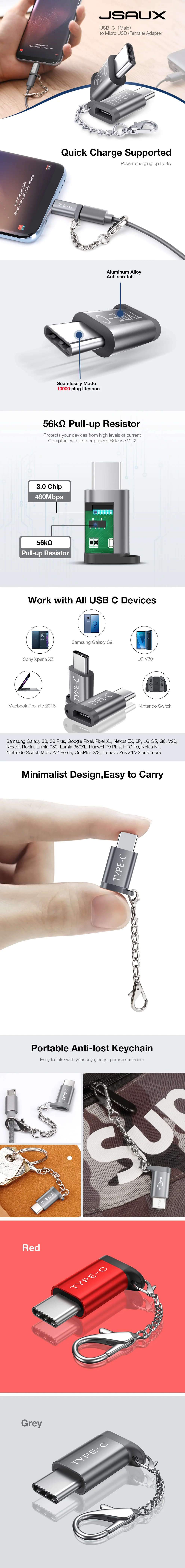 JSAUX usb type-C адаптер, 4-Pack Алюминиевый USB C к Micro USB конвертер разъем с Брелок Зарядное устройство совместимый samsung Galaxy S9