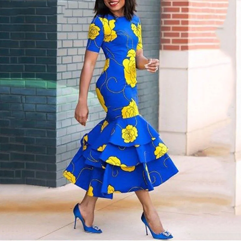 

Women Round Neck Mid-Calf Falbala Sheath Pullover Dresses Trumpet / Mermaid Flora Printed Short Sleeve Summer Party Dress 2019