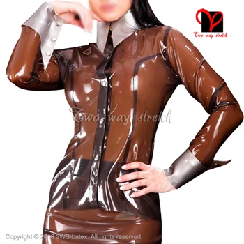 

Sexy Latex blouse with long sleeves turn down collar Rubber shirt top clothes clothing plus size match skirt XXXL SY-072