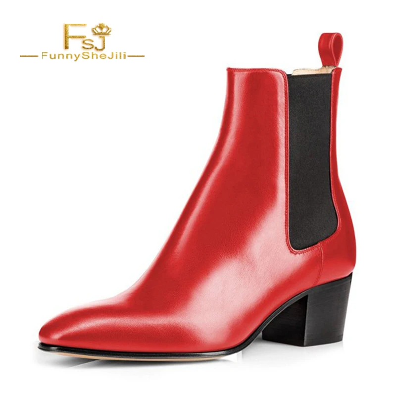 

Fashion Red Chelsea Boots Patent Leather Ankle Chunky Heel Boots Pointed Toe Fashion FSJ Chelsea Ankle Boots Patent Leather FSJ