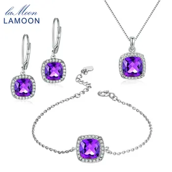 

LAMOON 100% Natural Purple Amethyst 925 Sterling Silver Jewelry Jewelry Set S925 For Women V001-4