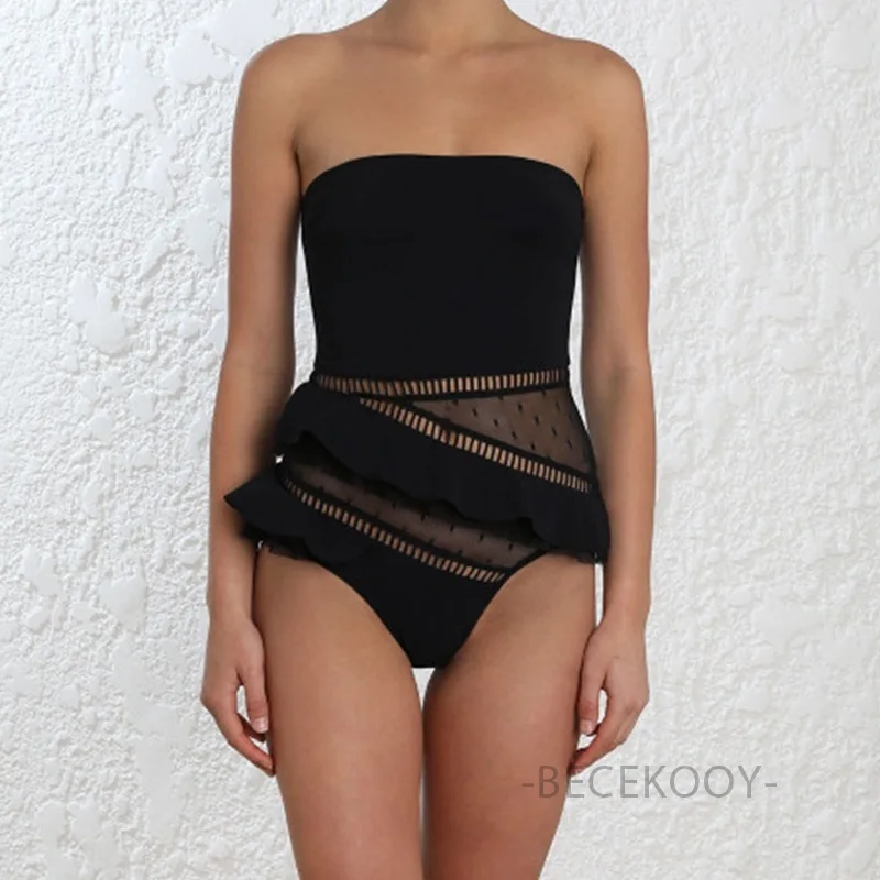 Swimsuit Woman Women's Swimwear 2019 Swimming Suit For Women Lace Hollowed Leaf Edge Sexy Bare Back Solid Spandex