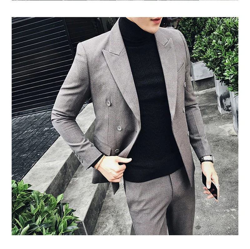 Custom Made Formal Business Suits Wedding Suits Slim Fit for Men Double Breasted Two Buttons Notched Lapel 2 Pieces 2018 New