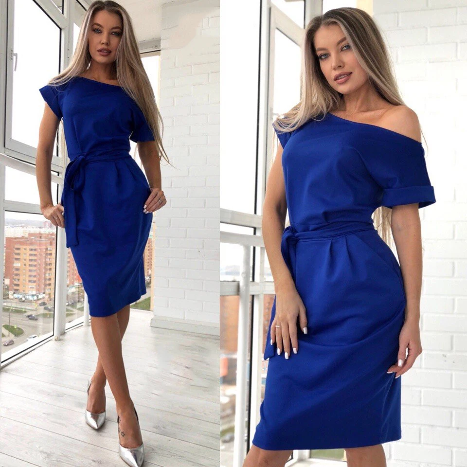 

Summer New Dress 2019 Women Solid Color Fashion Sexy Strapless Shoulder Short-Sleeved Dress Two-Color Knee-Length Elegant Dress